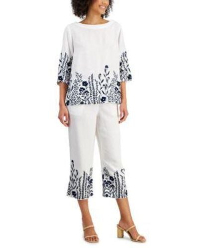 Charter Club Linen Embroidered 3 4 Sleeve Top Cropped Pants Created For Macys - White