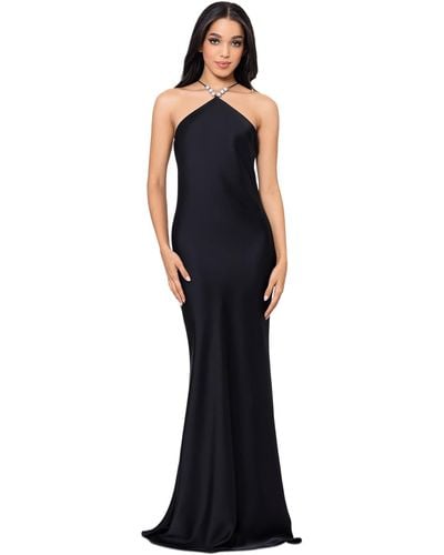 Betsy & Adam Pave-bead Satin Halter Gown - Blue