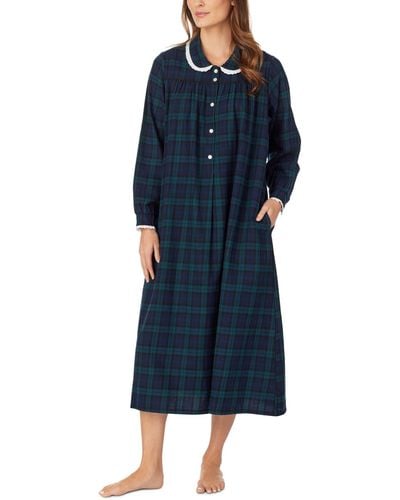 Lanz of Salzburg Cotton Lace-trim Flannel Nightgown - Blue