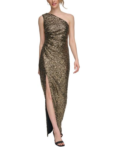 Calvin Klein Sequined One-shoulder Front-slit Gown - Green