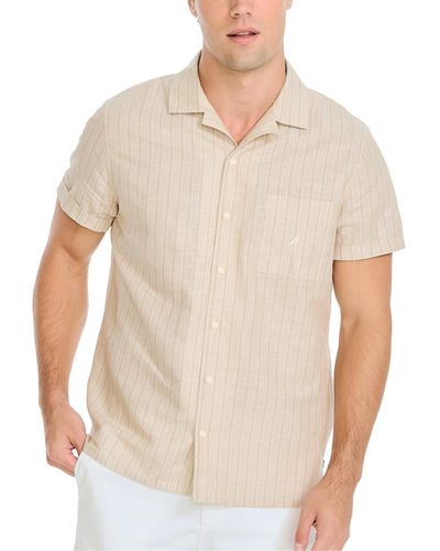 Nautica Striped Short-sleeve Button-up Linen Shirt - White