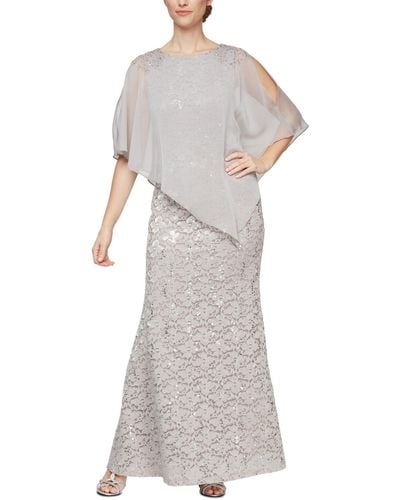 Sl Fashions Petite Round-neck Sequin Lace Cape Dress - Gray