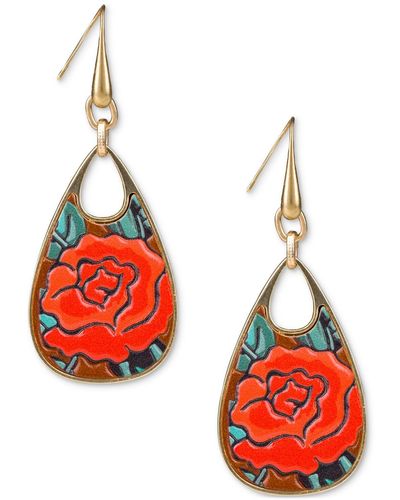 Patricia Nash Gold-tone Rose Printed Leather Drop Earrings - Red