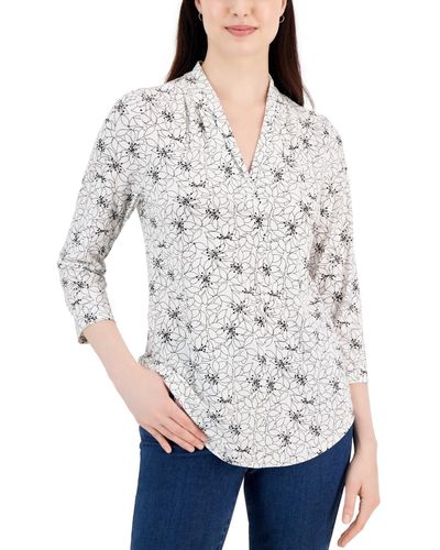 Charter Club Women's Cotton Floral-Print Shirt White Size Large 