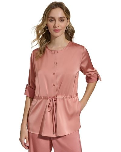 Calvin Klein Satin Drawstring-waist Button Front Blouse - Pink