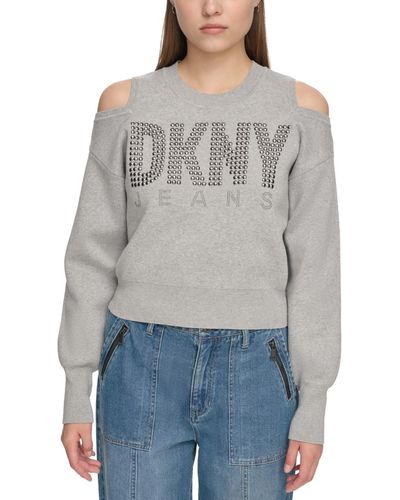 DKNY Cold-shoulder Embellished-logo Sweatshirt - Gray