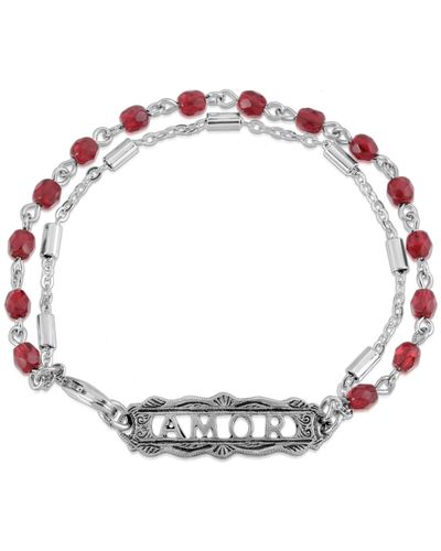 2028 Pewter Amor Beaded Chain Bracelet - Red
