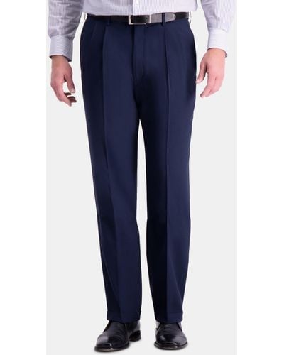 Haggar Premium Comfort Stretch Classic-fit Solid Pleated Dress Pants - Blue
