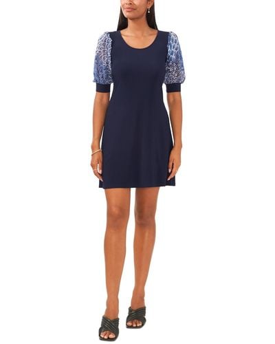 Msk Petite Round-neck Contrast-sleeve A-line Dress - Blue