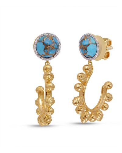 LuvMyJewelry Rise Shine Design Gold Plated Silver Turquoise Gemstone Diamond Sun Earring - Blue