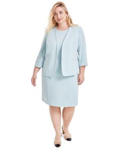 Kasper Plus Size 3 4 Sleeve Open Front Jacket Sheath Dress - Blue