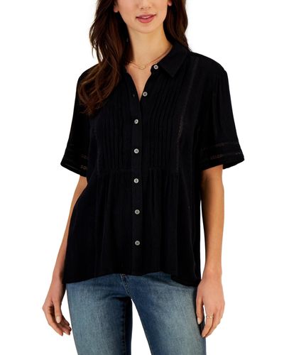 Style & Co. Pintuck Short-sleeve Button-front Shirt - Black