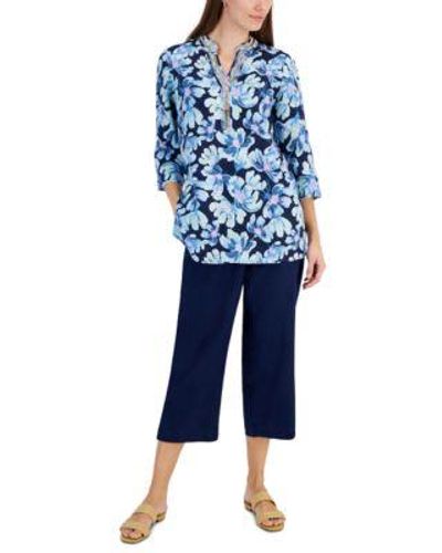 Charter Club Morning Bloom Linen Tunic 100 Linen Solid Cropped Pull On Pants Created For Macys - Blue