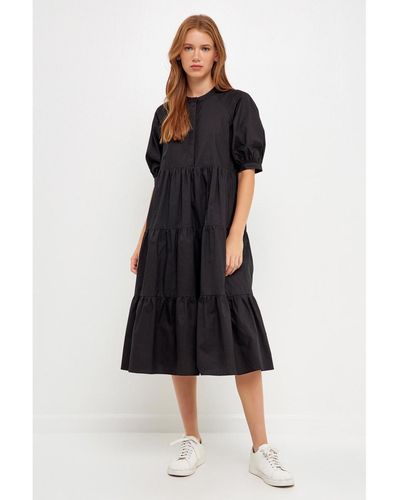 English Factory Short Puff Sleeve Midi Dress - Black