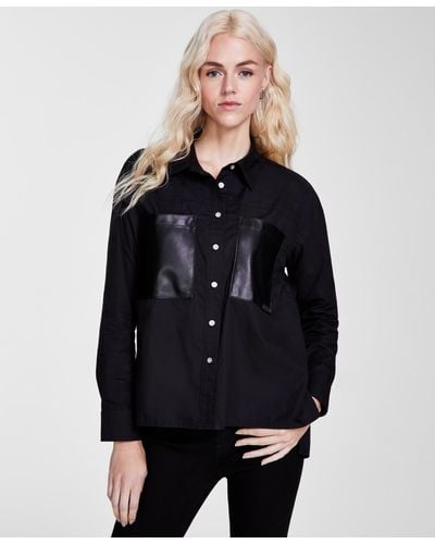DKNY Faux-leather-pocket High-low Shirt - Blue
