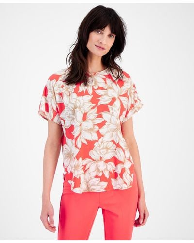 Anne Klein Floral-print Short-sleeve Blouse - Red
