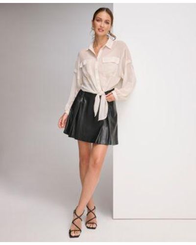 DKNY Blouson Sleeve Tie Hem Button Front Top Faux Leather Pleated A Line Skirt - Natural