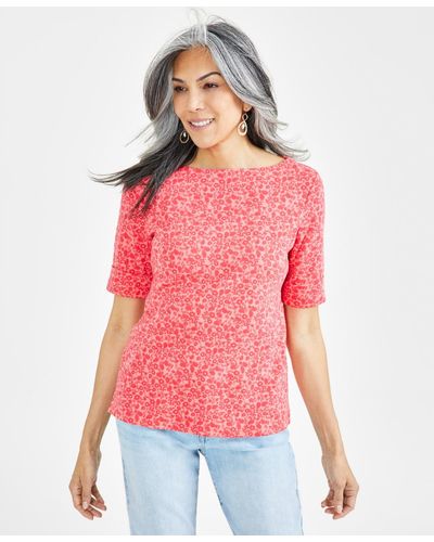 Style & Co. Printed Boat-neck Elbow-sleeve Knit Top - Red