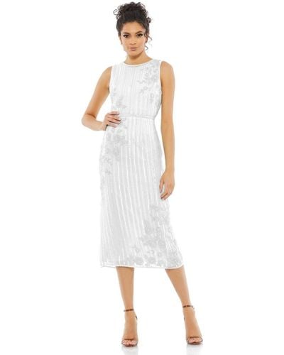 Mac Duggal Striped Floral Embellished Sleeveless Midi Dress - White