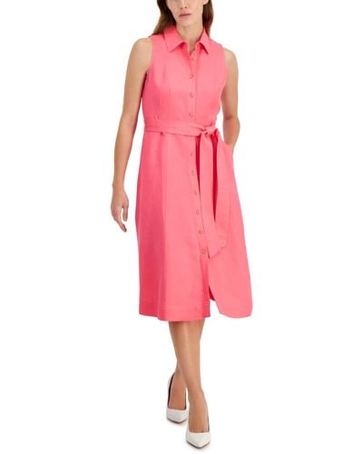 Anne Klein Sleeveless Belted Shirt Dress - Pink