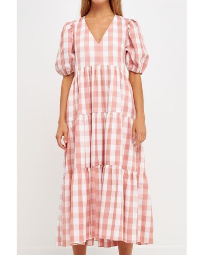 English Factory Gingham Puff Sleeve Tiered Midi - Pink