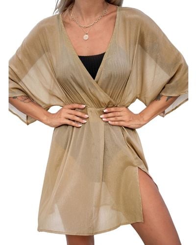 CUPSHE Surplice Split Hem Mini Cover-up Beach Dress - Natural