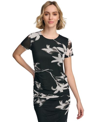 Calvin Klein Short Sleeve Floral-print Top - Black