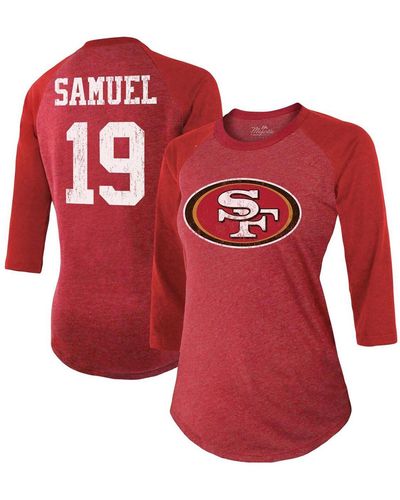 Majestic Threads Women's Majestic Threads Christian McCaffrey Cream/Scarlet  San Francisco 49ers Player Name & Number Raglan 3/4 Sleeve T-Shirt