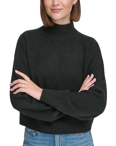 Calvin Klein Boxy Cropped Long Sleeve Mock Neck Sweater - Black