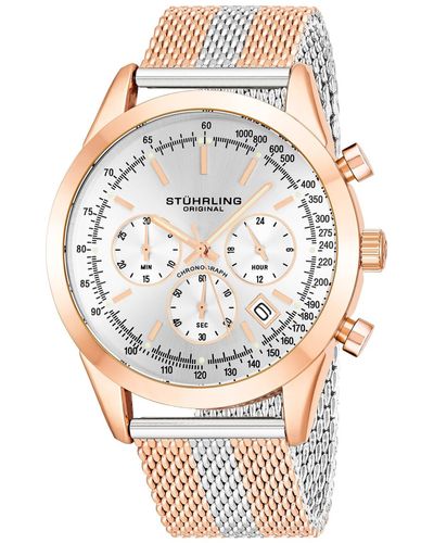 Stuhrling Quartz Chronograph Date Rose Gold-tone And Silver-tone Stainless Steel Mesh Bracelet Watch 44mm - White