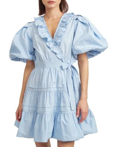 En Saison Lorena Cotton Balloon-sleeve Mini Dress - Blue