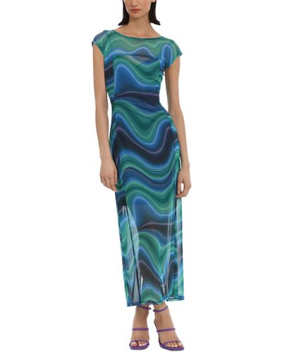 Donna Morgan Wave-print Mesh Maxi Dress - Blue