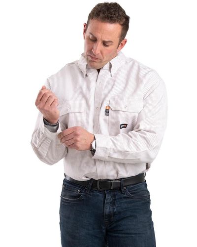 Bernè Big & Tall Flame Resistant Button Down Plaid Long Sleeve Work Shirt - White