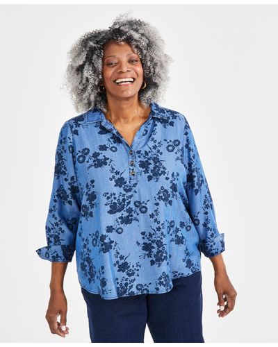 Style & Co. Plus Size Perfect Popover Printed Top - Blue