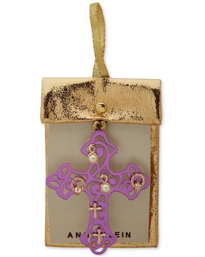 Anne Klein Purple Cross Ornament & Gold-tone 3-pc. Earrings Set - Multicolor