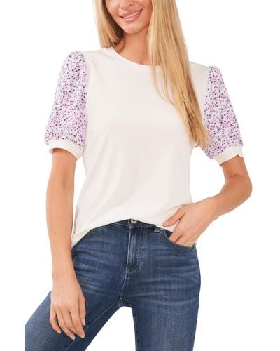 Cece Mixed-media Floral-print Puff-sleeve Tee - White