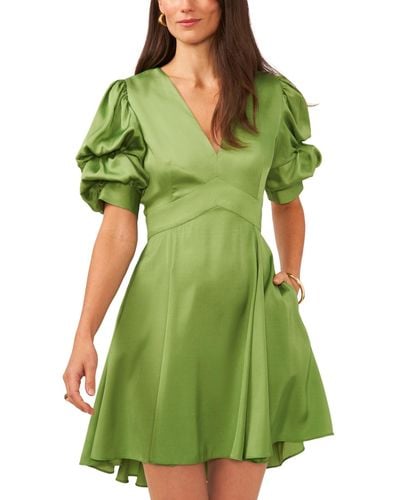 1.STATE V-neck Tiered Bubble Puff Sleeve Mini Dress - Green