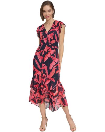 Tommy Hilfiger Printed Flutter-sleeve Ruffled High-low Midi Dress - Red