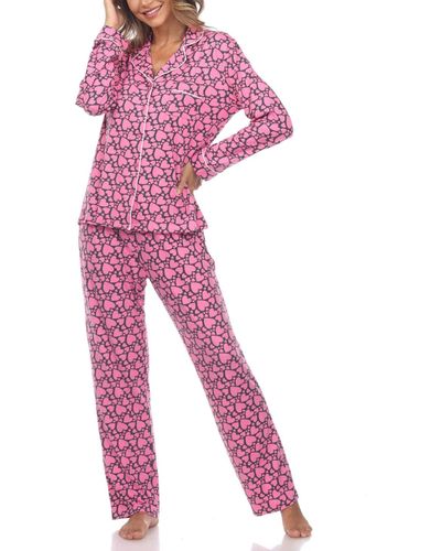 White Mark 2 Piece Long Sleeve Heart Print Pajama Set - Pink