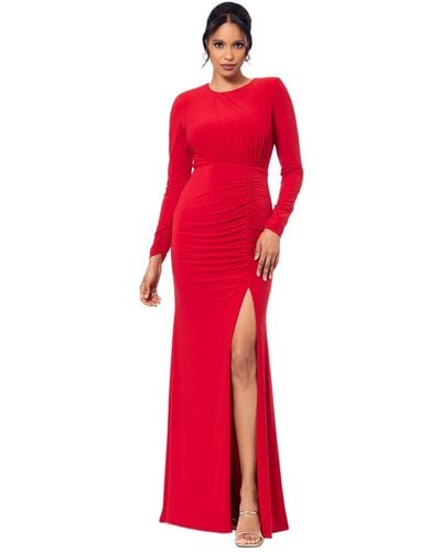 Betsy & Adam Ruched Long-sleeve Slit Gown - Red