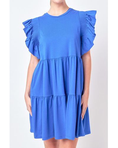 English Factory Knit Ruffled Mini Dress - Blue