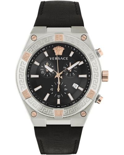 Versace Swiss Chronograph V-sporty Greca Black Leather Strap Watch 46mm