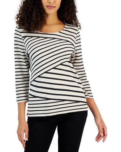 Karen Scott Callie Asymmetrical-stripe 3/4-sleeve Top - Black