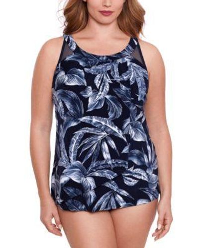 Miraclesuit Plus Size Ursula Printed Underwired Tankini Top Solid Swim Bottoms - Blue