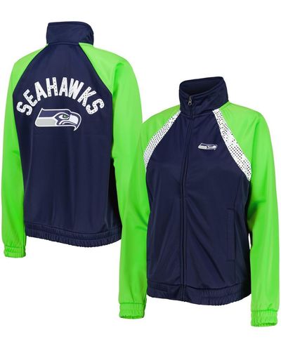 G-III 4Her by Carl Banks College Navy And Neon Green Seattle Seahawks Confetti Raglan Full-zip Track Jacket