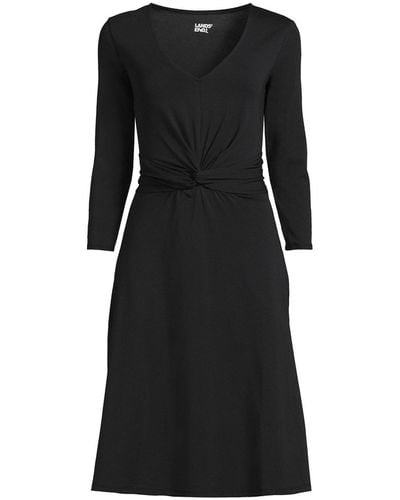 Lands' End Petite Lightweight Cotton Modal 3/4 Sleeve Fit And Flare V-neck Dress - Black