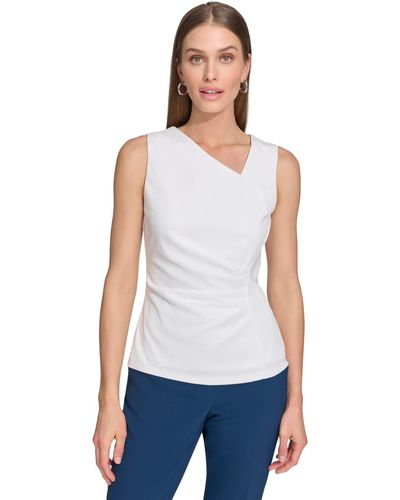 DKNY Asymmetrical-neck Ruched Sleeveless Top - White