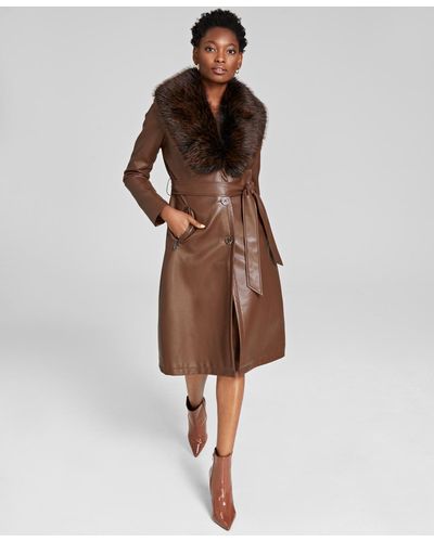 Kenneth Cole Faux-fur-trim Faux-leather Coat - Brown