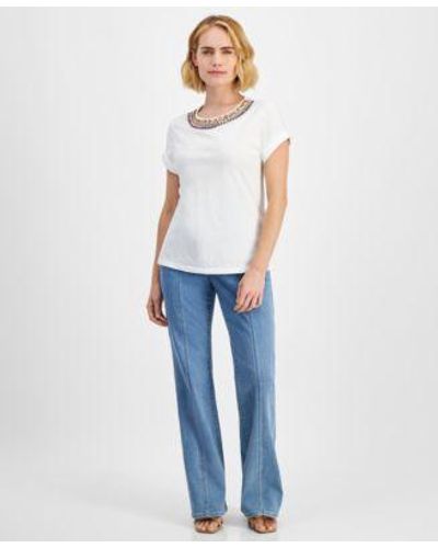 INC International Concepts Petite Rhinestone Embellished Top Flare Leg Jeans Created For Macys - Blue