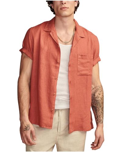 Lucky Brand Linen Camp Collar Short Sleeve Shirt - Orange